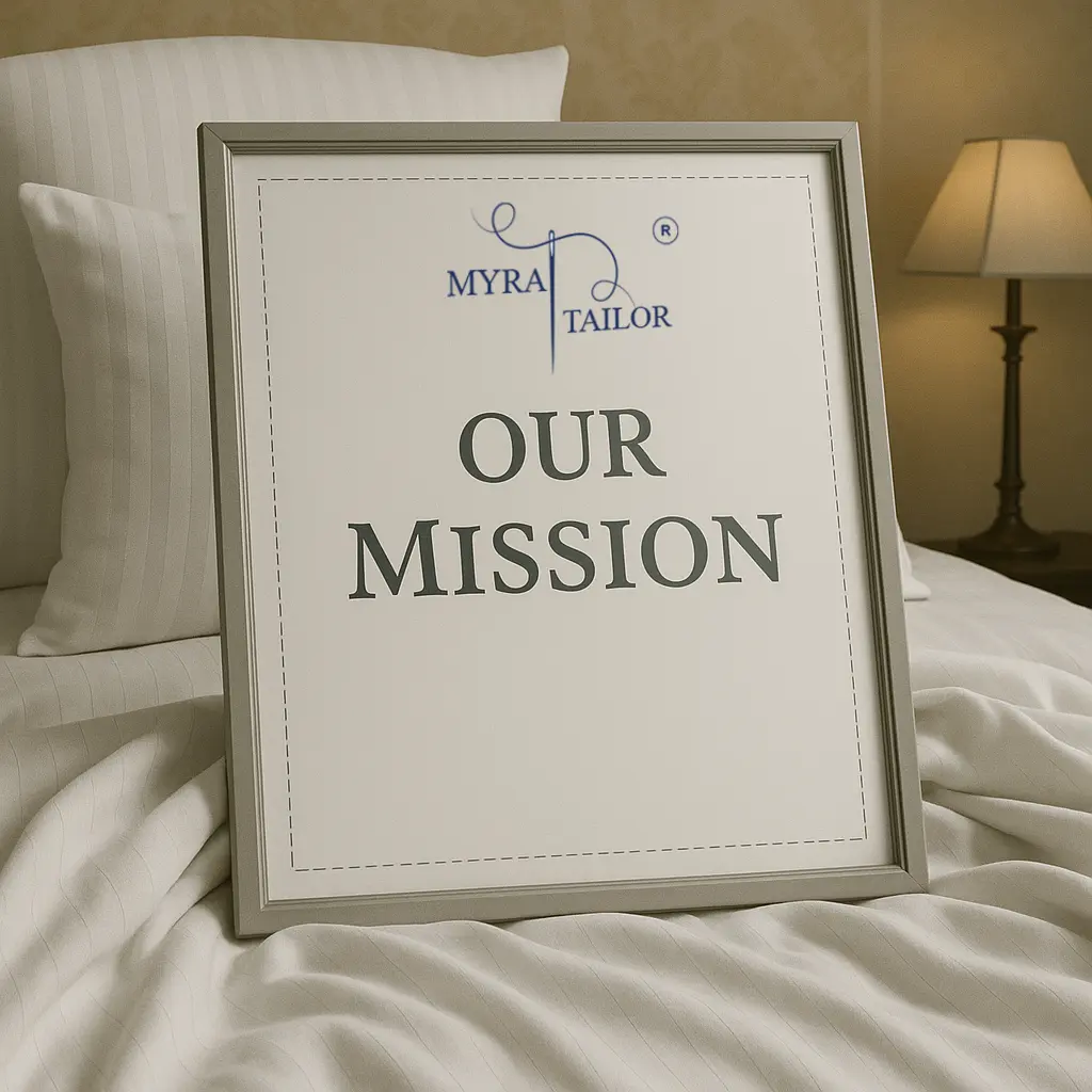A framed sign on a bed with a Premium Commercial Bedsheets in India displaying 'MYRA TAILOR' with a needle and thread logo and the phrase 'OUR MISSION' in bold text.