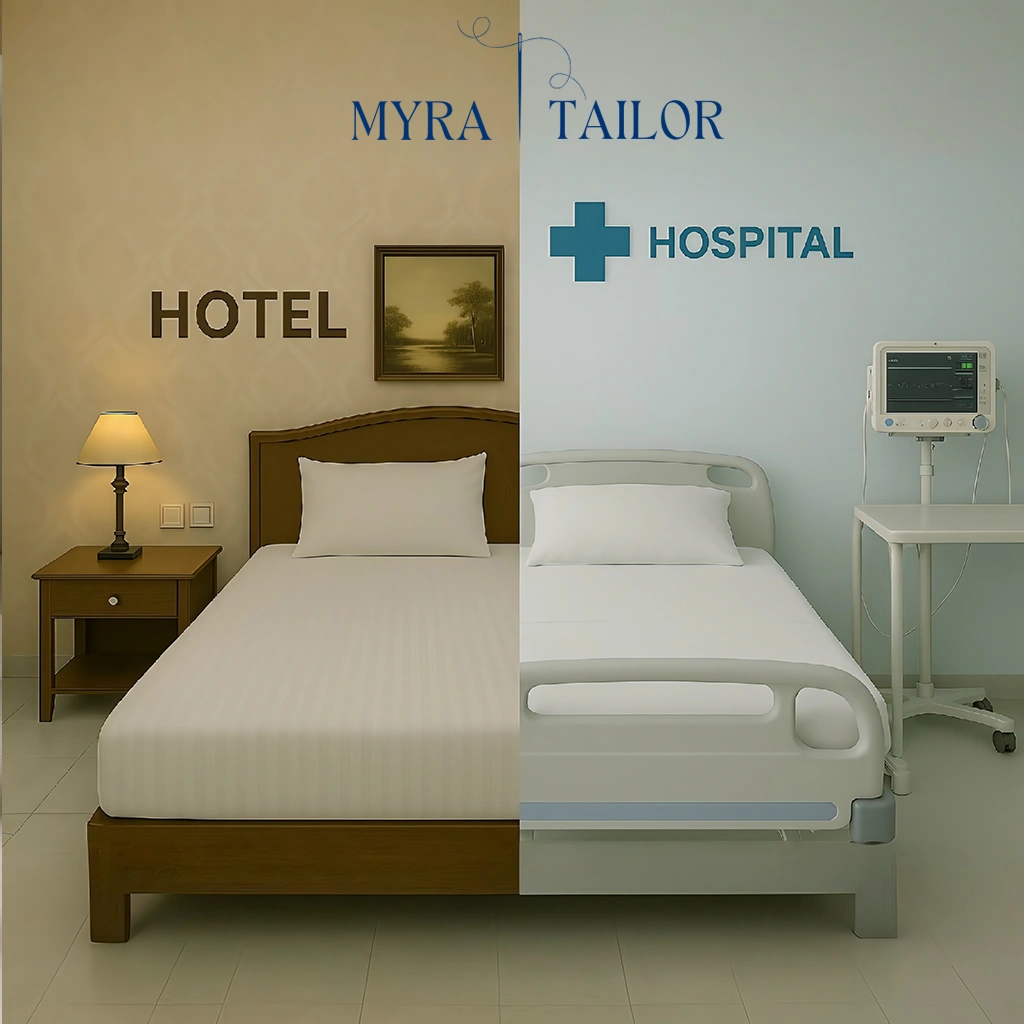 A single bed split between a hotel room and a hospital ward, showcasing Myra Tailor bedsheets.