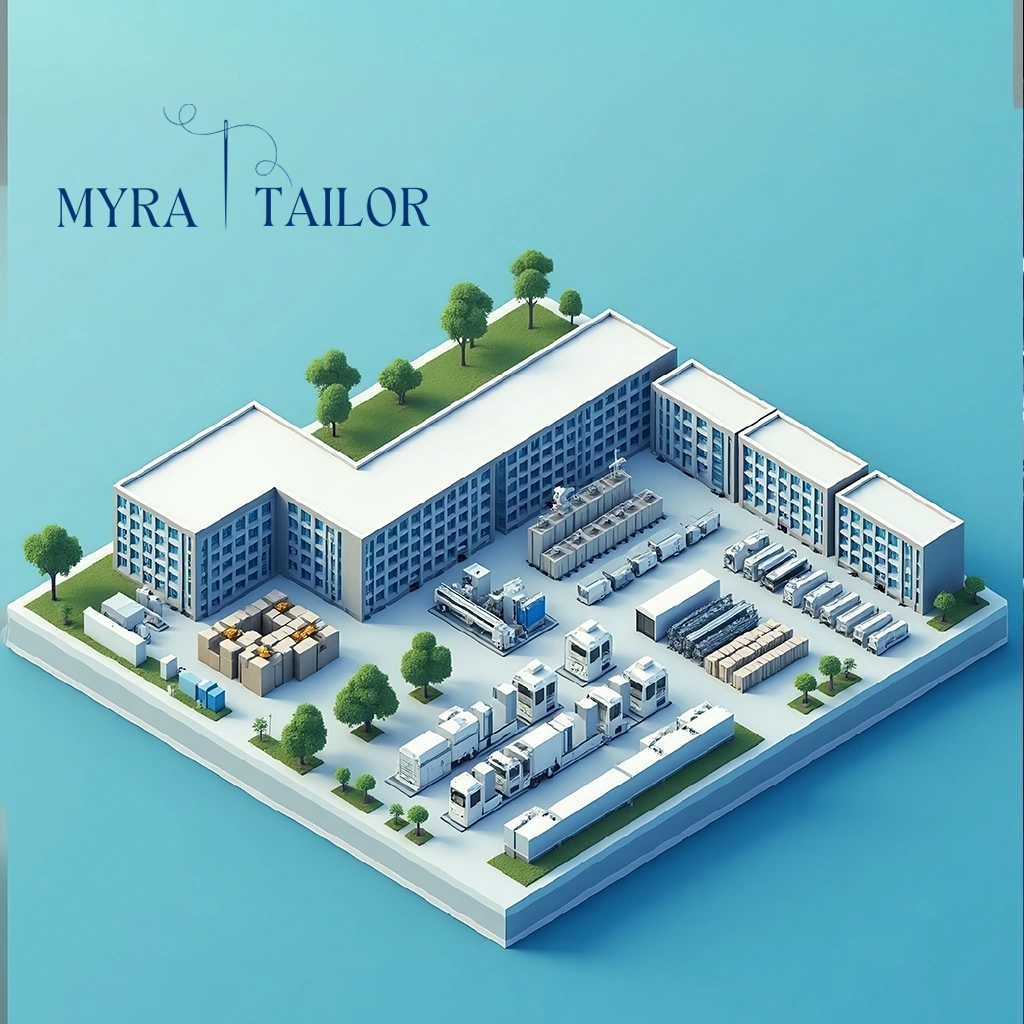 Myra Tailor’s linen factory, showing the full production setup and company layout.