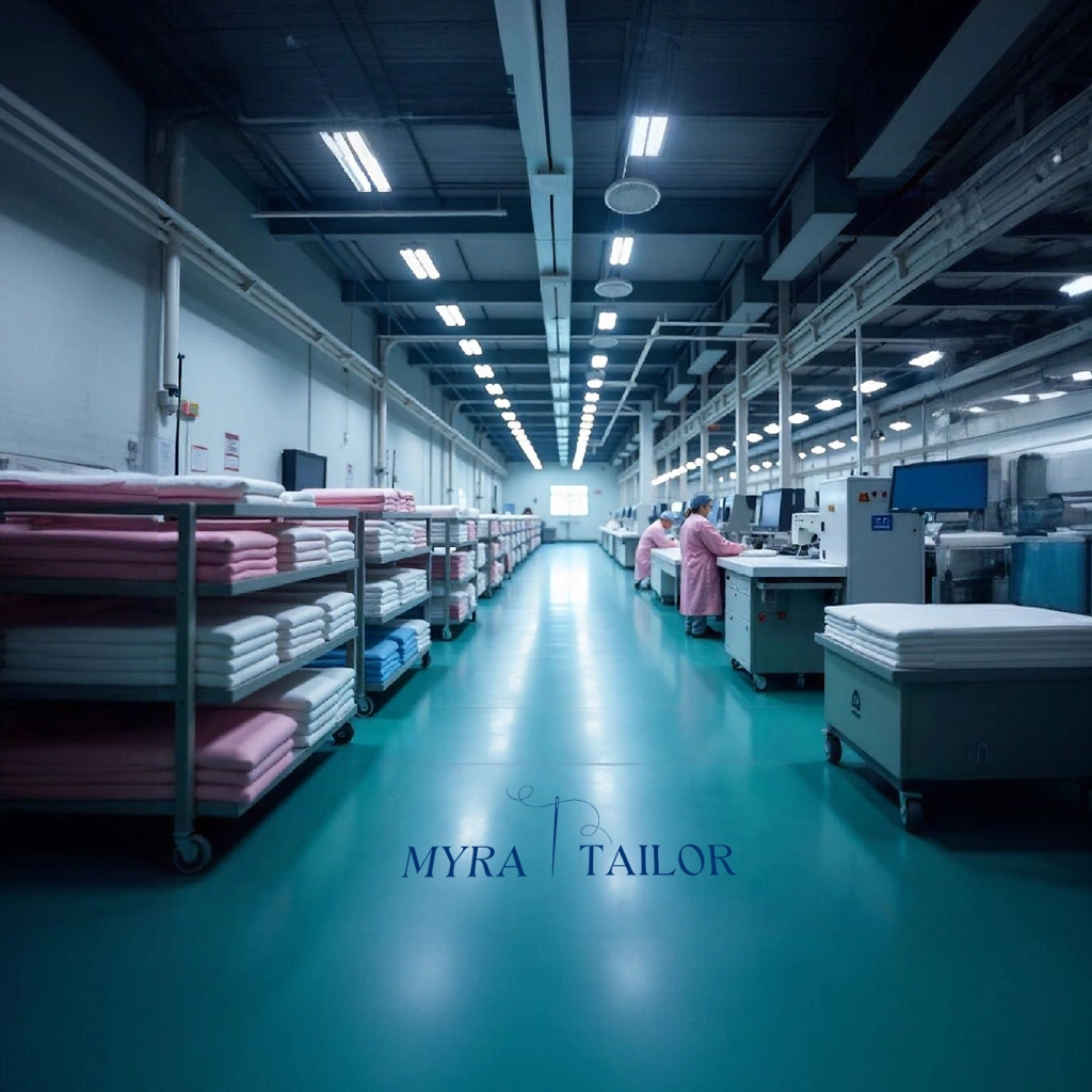 Workers folding and inspecting bedsheets inside the Myra Tailor factory, with fabric stacks on trolleys.