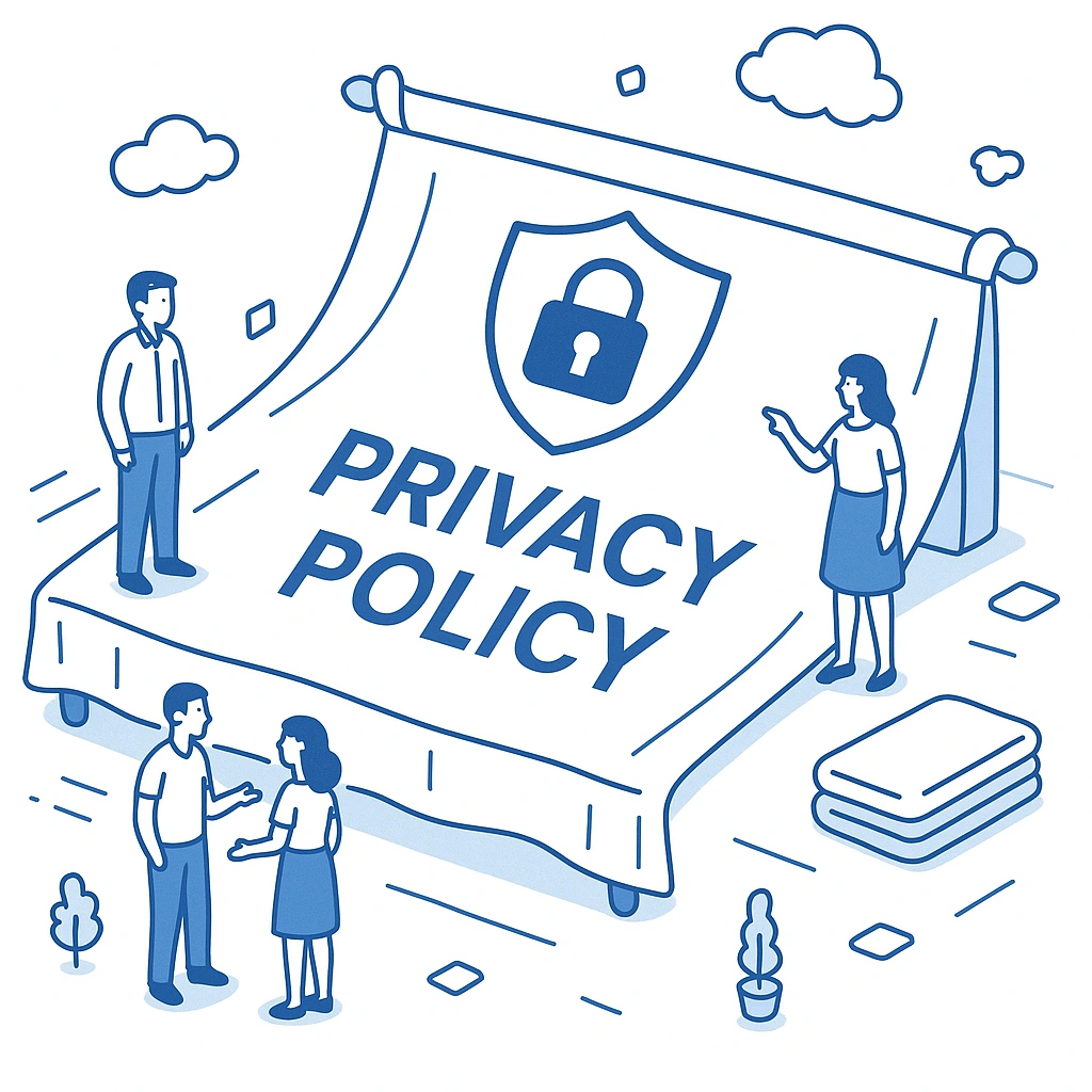Illustration of people discussing a privacy policy under a large Bedsheet of Myra Tailor with a lock symbol.